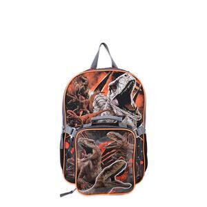 2-Piece Universal Jurassic World Boys 17” Backpack With Lunch Bag Black Orange